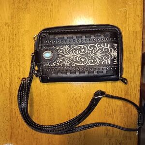 Montana Wesr Black Embroidered Women's Crossbody Phone Pocket Card Slots & More